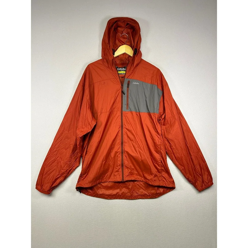Gorpcore Cabelas Mens L Tall Orange Gray Hooded‎ Ripstop Windbreaker Jacket